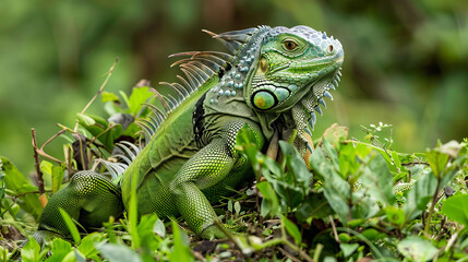 Obraz premium Close-up of a green iguana in lush vegetation