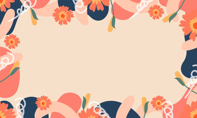Aesthetic blooming flowers pink trendy background with copy spaces. Organic shapes background with florals border.