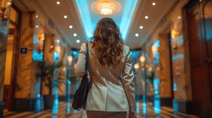 Obraz premium Behind-view of a woman with long hair carrying a handbag, walking through a stylish hotel hallway