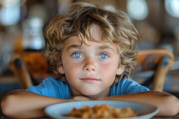 Fototapeta premium A curious child with striking blue eyes and blonde hair looking up from a dining table in a restaurant
