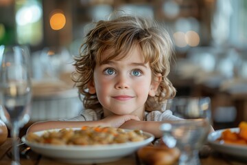 Portrait of a smiling blue-eyed child leaning on a table over a dish in a warmly lit setting