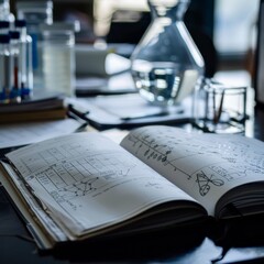 Close-up on a research dossier open on a desk, detailing the pharmacokinetics of a newly discovered drug Job ID: 55bbe456-9daa-43e3-b7f5-b8396a0b4906