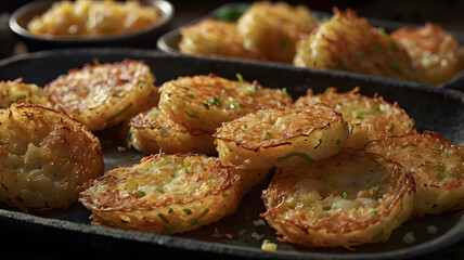 Tasty crispy golden yellow potato fried hash browns with garnished green leaf or yummy crunchy deep fry vegetable fritters latkes food meal