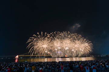 Dazzling fireworks illuminate Busan's night sky, with Gwangan Bridge silhouetted in the background.