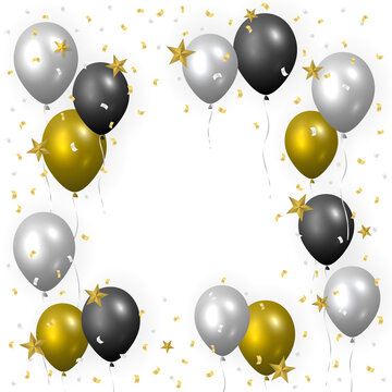 Beautiful realistic celebration illustration, greeting card template with golden, silver and black flying party balloons, confetti and stars on transparent background.