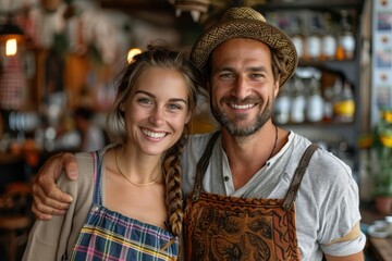 Obraz premium A joyful duo, possibly co-owners, smiling inside a cozy and hip cafe environment