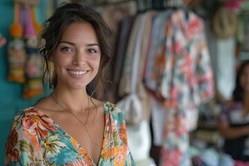 Naklejka premium Joyful woman with light brown hair and a patterned blouse smiles gently at the camera