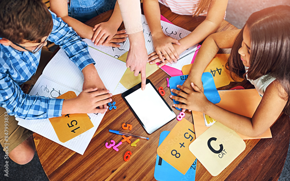 Poster children, teacher and tablet in classroom with group, mockup space and blank screen for education. p
