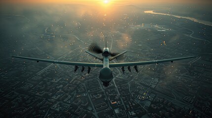 Naklejka premium Unmanned military drone uav flying reconnaissance in the air high in the sky in the border areas. 
