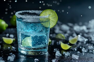 Chilled blue cocktail with lime, rimmed with salt, ice cubes, refreshing drink concept