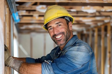 A construction worker wearing a yellow hard hat and gloves is installing insulation materials at a building site