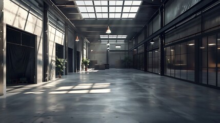 Obraz premium A modern, industrial-style interior with a large open space, concrete floors, and a glass roof. Sunlight streams through the windows.