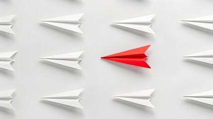 Fototapeta premium Paper airplanes on a white background, with a single red airplane leading, symbolizing unique leadership