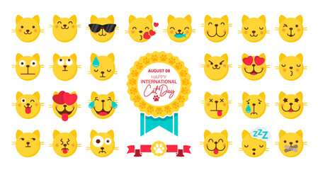 Obraz premium Set of cute cartoon cat emotions. Happy international Cat Day