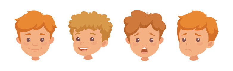 Little Boy Character Face with Short Haircut Emotion Vector Set