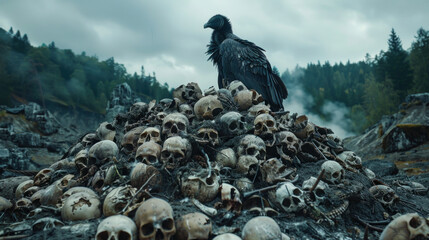 Vulture perched on top of pile of human skulls, end of civilization concept