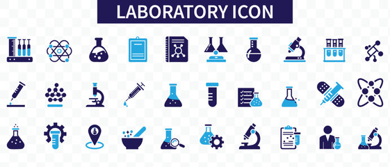 Laboratory icon set. Containing experiment, test tube, microscope, flask, chemical, biology, research, lab and more. Solid vector icons collection.