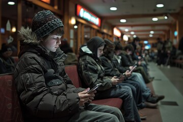 Fototapeta premium Young Boy Using Smartphone While Waiting in Indoor Waiting Area