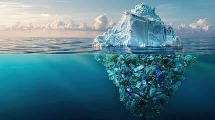 Iceberg made of plastic trash, environmental problems, ocean contamination concept