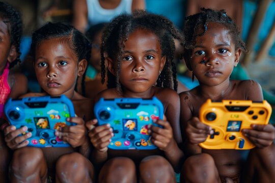 Three Young Children Play Video Games in Rural Setting