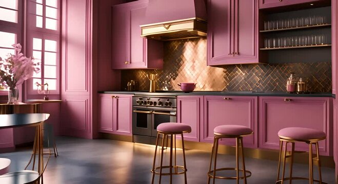 Modern pink kitchen with furniture and bar counter