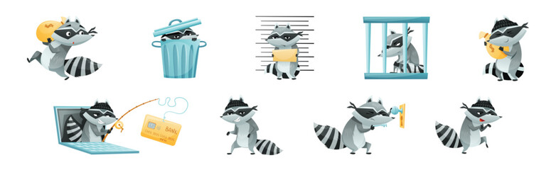 Raccoon Burglar with Striped Tail Wearing Mask Stealing and Hacking Vector Set © Happypictures