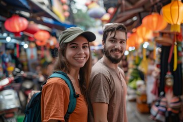 Obraz premium Young couple smiles at camera in an Asian market with colorful lanterns
