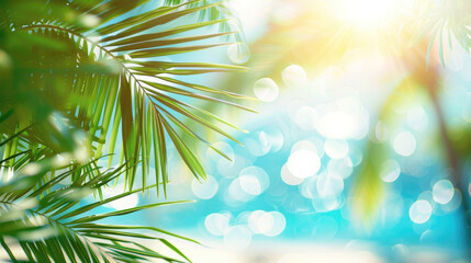 Obraz premium A dreamy tropical scene with palm leaves in the foreground and a bokeh light effect creating a magical atmosphere