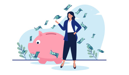 Woman saving money - Professional business person with healthy finances enjoying and smiling over savings account, interests and return on investments in front of piggy bank. Flat design vector