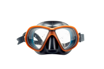Orange and Black Diving Mask with Water Drops on Glass
