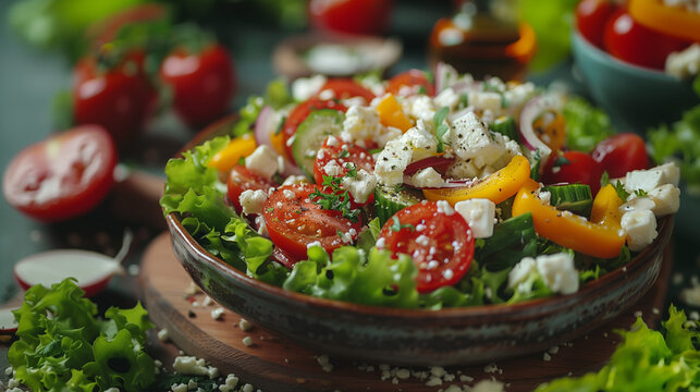 Salade grecque &agrave; base de l&eacute;gumes frais et croquants et de feta, r&eacute;gime minceur pour l'&eacute;t&eacute;, salade de vacances au restaurant pr&eacute;sent&eacute;e dans une assiette en c&eacute;ramique