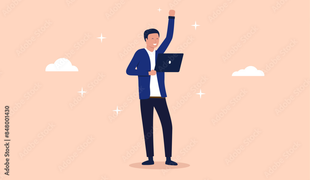 Leinwandbilder cheerful man with computer - it developer person standing holding laptop and hand raised in the air 