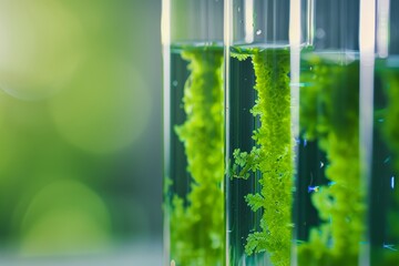 algae seaweed plant in test tubes closeup macro at medical science innovative laboratory