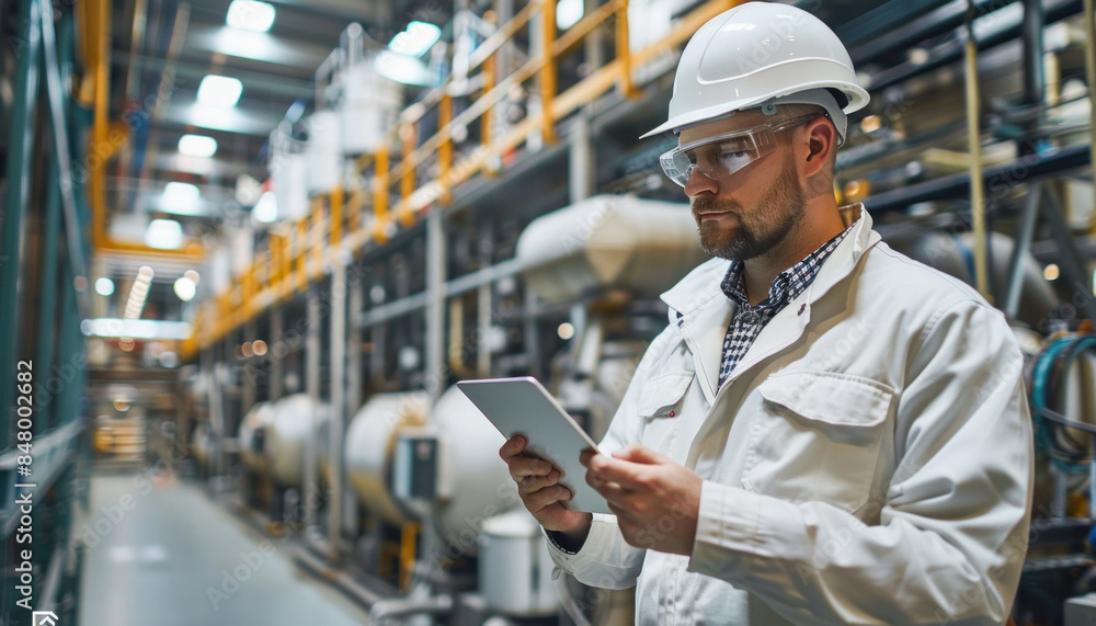 Poster in a factory setting, a man with a hard hat is inspecting a tablet device for quality control