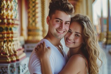 Fototapeta premium Young couple smiles for the camera while standing close together
