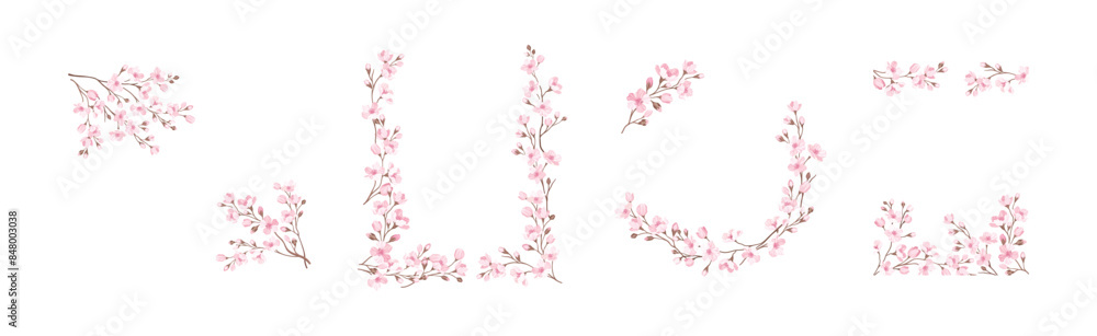 Poster twigs of sakura or cherry blossom arranged in frames and borders vector set