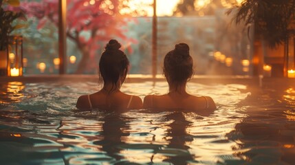 Two women relaxing in a serene pool with soft evening light and beautiful garden view, creating a peaceful and tranquil atmosphere.