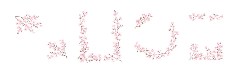 Twigs of Sakura or Cherry Blossom Arranged in Frames and Borders Vector Set