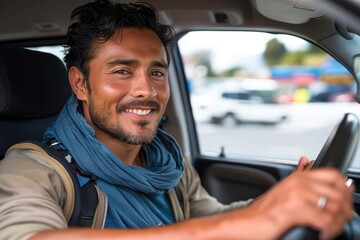 A happy man with a welcoming smile whilst driving, showcasing personal freedom and the pleasure of travel