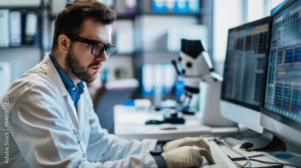Poster scientist analyzing data on computer in modern laboratory