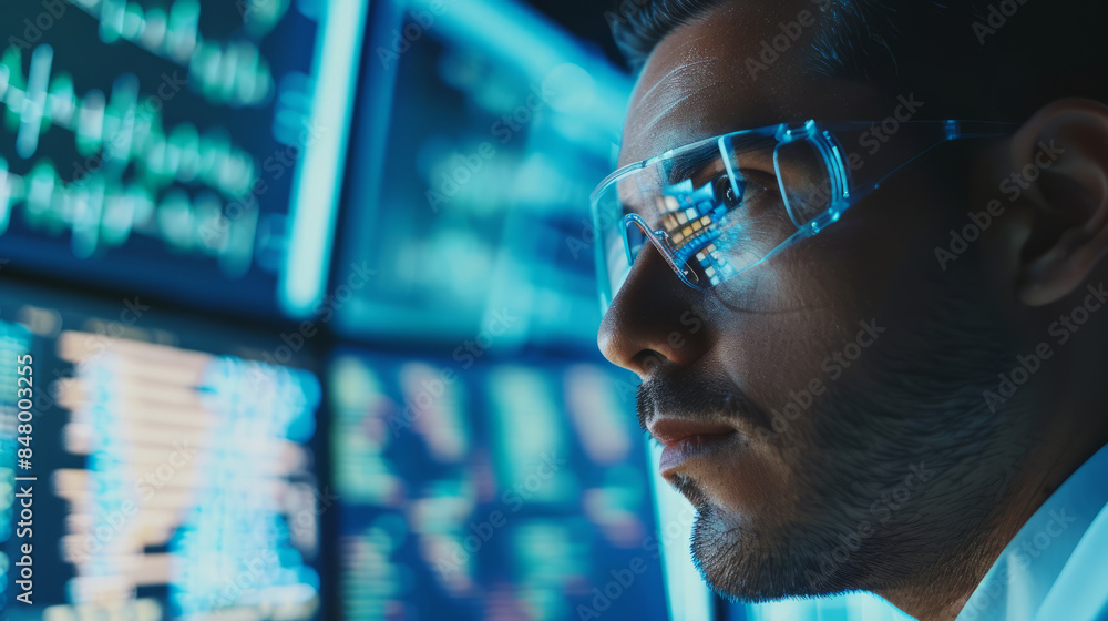 Poster scientist wearing eyeglasses and analyzing data on multiple screens