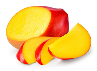 Mango isolated. Mango half with slices on white background. Sliced mango with clipping path. Full...