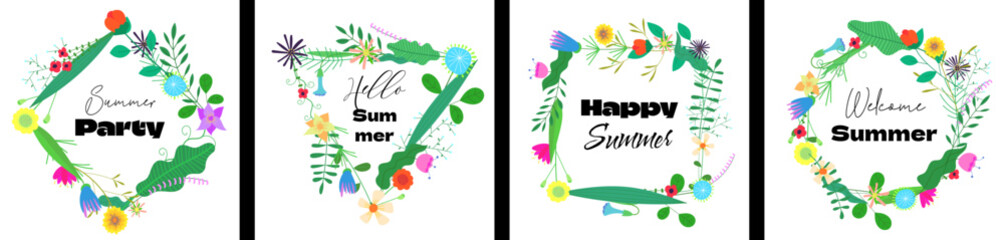 Hello summer banner templates. Abstract drawing flowers geometric figure wreath set. Round, triangular, square and rhombus floral bouquet art card collection. Summertime blooms poster. Herbal plants