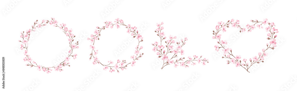 Poster twigs of sakura or cherry blossom arranged in frames and borders vector set