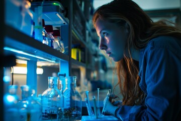 female scientist studying algae in a innovative modern laboratory wearing lab white coats doing medical research