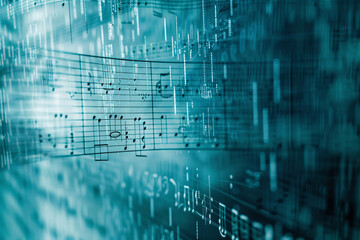 Obraz premium Abstract image with musical notes floating in a blue-green digital matrix background