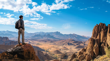 Man enjoying the mountains of Assekrem Tamanrasset on a clear day