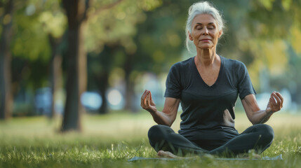 Fototapeta premium Mature woman doing yoga meditation in a peaceful park setting