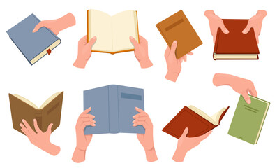 Hands holding books. Male arms with literature. Woman giving textbooks. Reading novel. School education. Publishing products. School education. Different positions. Library vector set
