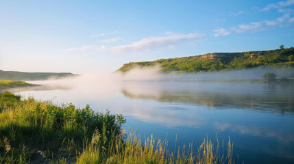 Peaceful morning mist over Qu'Appelle River in summer
